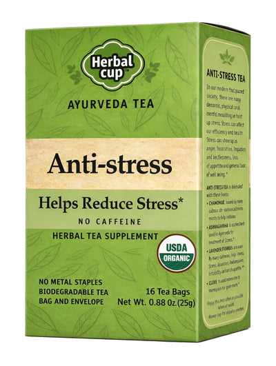 Herbal Cup Organic Anti-Stress Ayurvedic Tea with Ashwagandha and Chamomile – caffeine-free herbal tea box