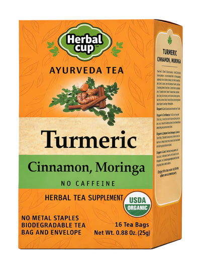 Herbal Cup Organic Turmeric Cinnamon Moringa Ayurvedic Tea – caffeine-free herbal tea box
