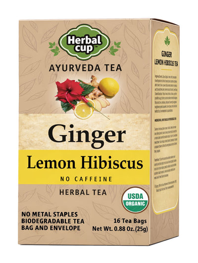 Herbal Cup Organic Ginger Lemon Hibiscus Ayurvedic Tea – caffeine-free herbal tea box