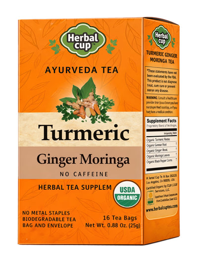 Herbal Cup Organic Turmeric Ginger Moringa Ayurvedic Tea – caffeine-free herbal tea box