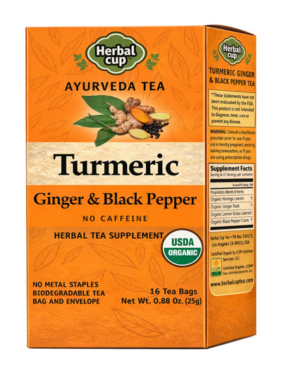 Herbal Cup Organic Turmeric Ginger Black Pepper Ayurvedic Tea – caffeine-free herbal tea box