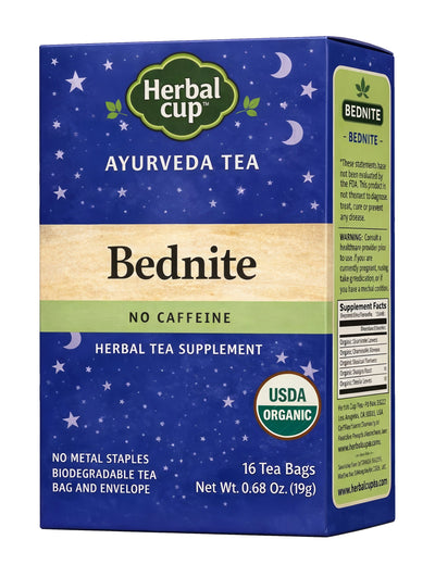 Herbal Cup Organic Bednite Ayurvedic Tea for better sleep – caffeine-free herbal tea box